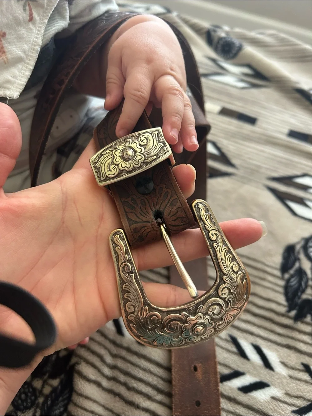 Western-Style Brown Leather Belt with Ornate Silver Buckle
